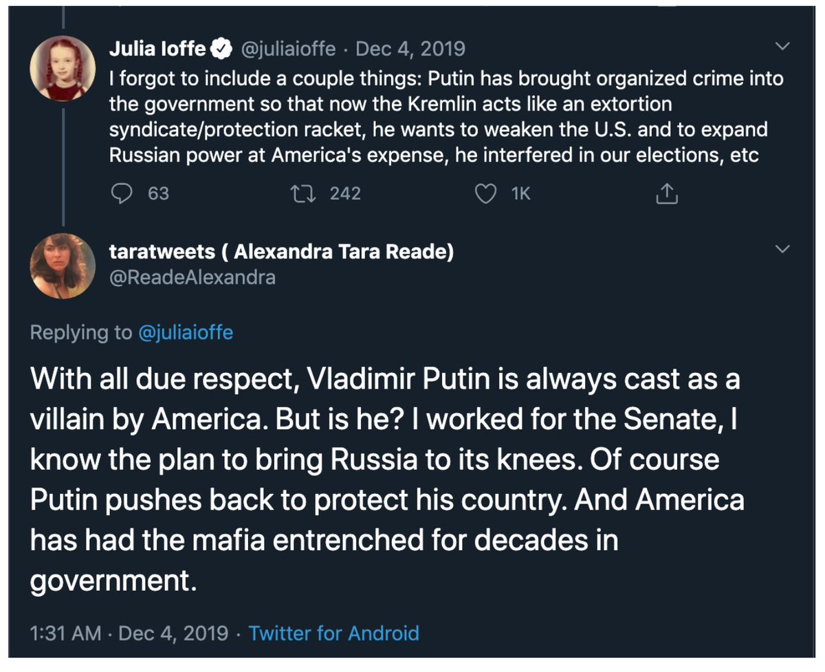 In 2017, Tara Reade was attacking Russia and Putin on Twitter, yet in 2019, she praised him beyond belief, before trying to back out of her praise in March of 2020, just as she accused Biden of sexual assault. Why? (thread)