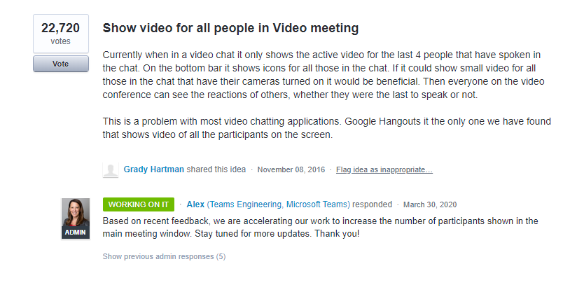 mtholfsen's tweet photo. Look what got updated to "Working on It" 🛠 in #MicrosoftTeams UserVoice requests (https://t.co/XDJmvL41gY)

"Show video for all people in Video meeting" 🎉

#edtech #distancelearning #remotelearning https://t.co/zEurYk9Gpd