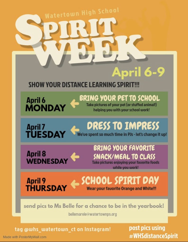Distance Spirit Week next week!!! Take pictures and post using #WHSdistanceSpirit or email to Ms Belle for a chance to be in the yearbook!!!! <a href="/JanetParlato/">Janet Parlato</a> @MrTomHogrefe <a href="/MrsNCote/">Nicole Cote</a> @WHSyearbook_20 <a href="/Classof2020WHS/">WHS Class of 2020</a> <a href="/whs_2021/">WHS Class Of 2021</a> <a href="/22_whs/">WHS Class Of 2022</a> @classof232