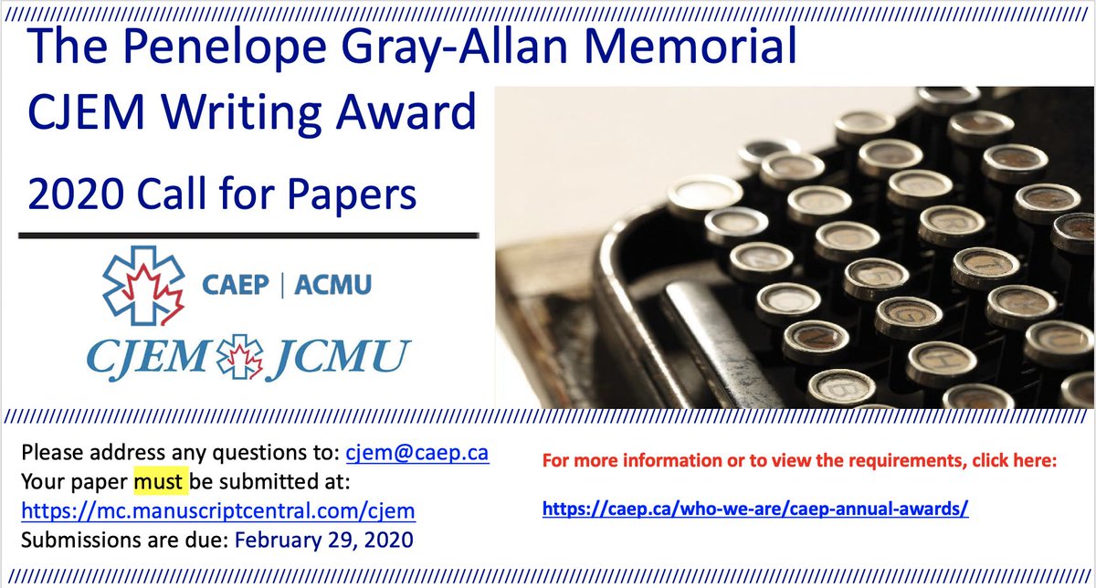 CJEMonline's tweet photo. The Penelope Gray-Allan Memorial CJEM writing award. Last day to submit!
Have some time during #SocialDistancing to write? Please send us your Humanities submissions to: 
https://t.co/dgmWwrniQg
@CAEPConference @CAEPResidents @caepstudent https://t.co/s6ngRGvoLE