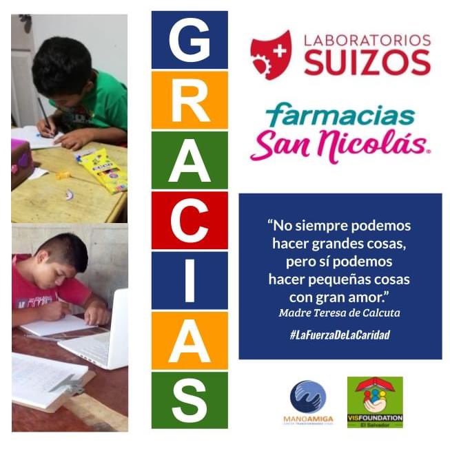 VISFoundationSV's tweet photo. Gracias a Laboratorios Suizos El Salvador y Farmacia San Nicolas ONLINE por apoyar nuestro proyecto y garantizar la educación de nuestros alumnos.
#LaFuerzaDeLaCaridad
-
@visfoundation #educacion #foundation #education #voluntariado #volunteer #future #impact #teaching #estudio https://t.co/z9CVS5m9fJ