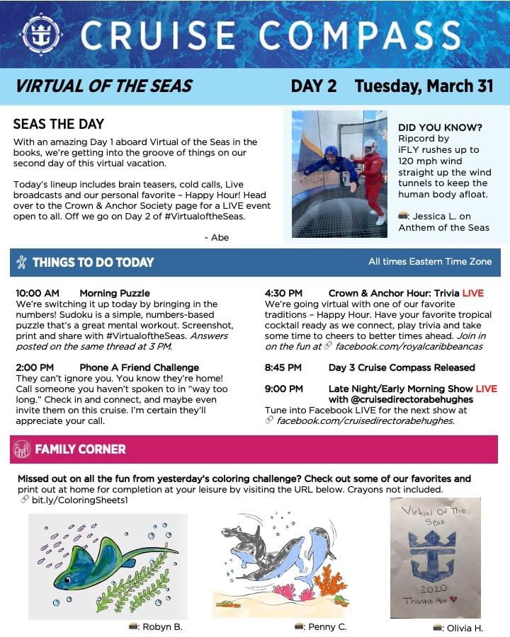 JamesVanFleet's tweet photo. Afternoon World! Here’s your Day 2 Cruise Compass on @RoyalCaribbean #VirtualoftheSeas, brought to you by Cruise Director Abe Hughes! I am lil late posting because I am also Professor Van Fleet on Day 2...school starts early ya know! ;) Keep...pushing...forward!! https://t.co/XiYV29gCtX