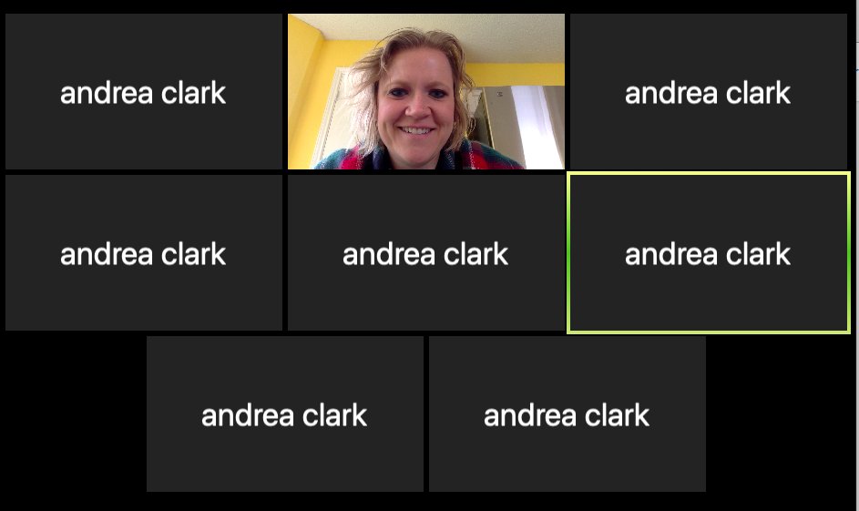 andrea_m_clark's tweet photo. Funny story from today: I logged into one of my Zoom meetings and was met with 7 screens that all said my name. 😂 Oh, #6thgrade. #6thchat #WorkFromHomeLife #distancelearning https://t.co/HFlNP4eyEc