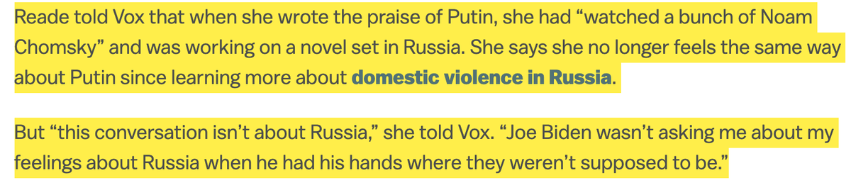 Note that Tara Reade wrote in 2018 that she left Washington DC (over a decade ago) because she "loved Russia with all her heart." However, this month she told  @voxdotcom that she only started liking Russia in 2018 because she read a lot of Noam Chomsky. Which is it? (thread)