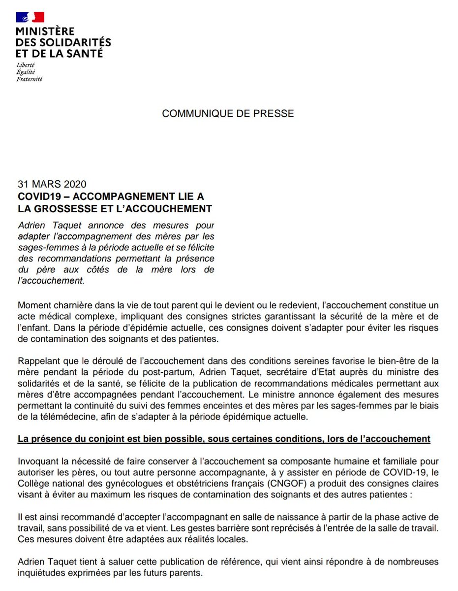 AdrienTaquet's tweet image. [#1000PremiersJours]

Oui, le conjoint peut assister à l'accouchement pendant le #COVID19 à condition de respecter des consignes importantes.

Grâce à la télémédecine, les sages-femmes pourront continuer le suivi pendant la grossesse et le post-partum.

Toutes les précisions ⤵