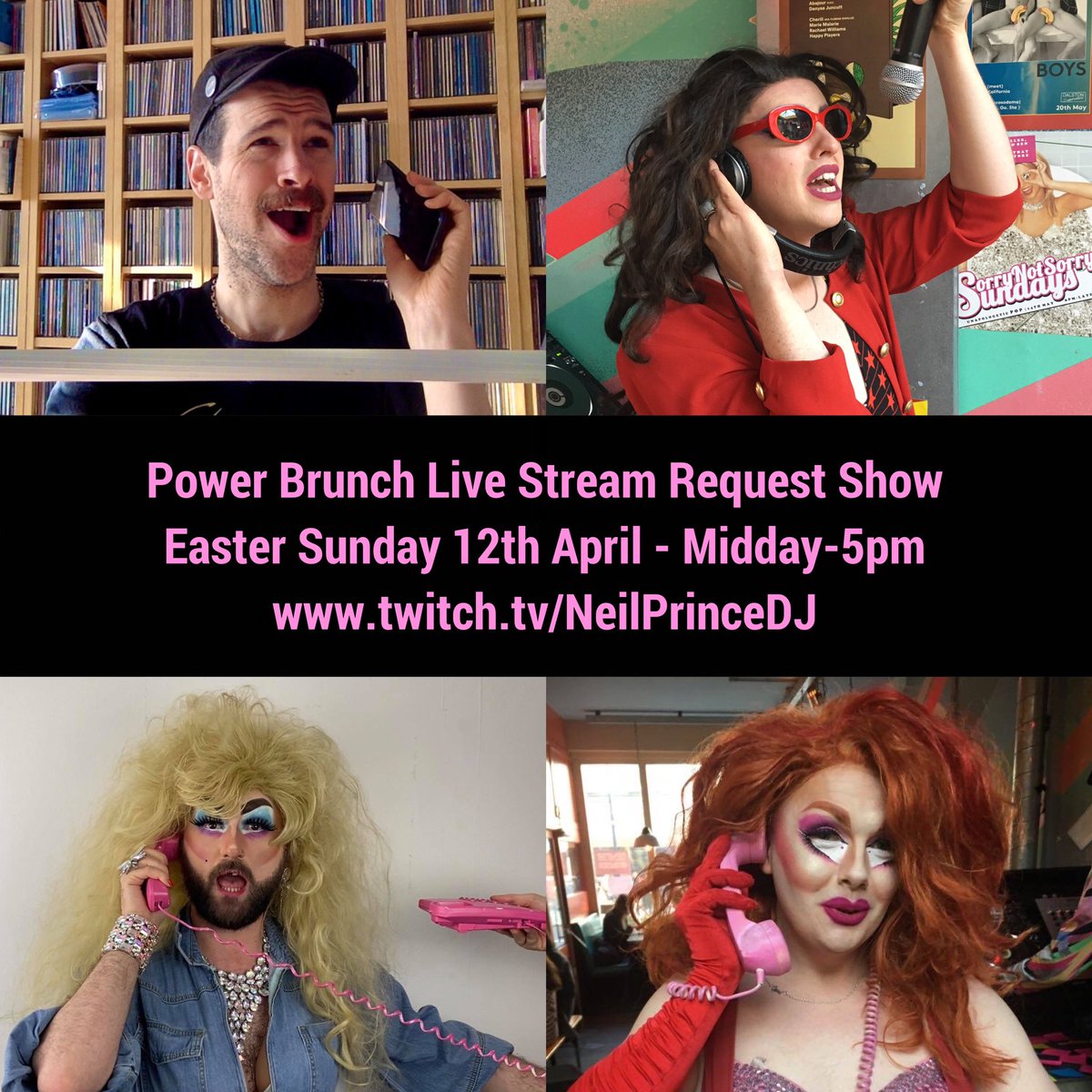 neilprincedj's tweet photo. We're doing a live #PowerBrunch request show on https://t.co/CBA7rLNGAv Easter Sunday April 12 midday-5pm. Request all your favourite Power Ballads &amp; Love Songs from the comfort of your own home! I'll be DJing + contributions from #MissCraig @MissTaylorTrash and @justmaydoesgeri! https://t.co/BxhAsInmEY