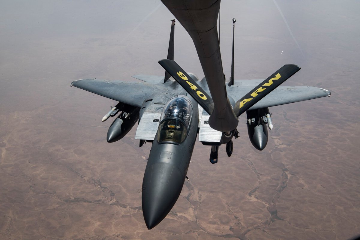 CENTCOM's tweet photo. FLY EAGLES FLY | F-15E Strike Eagles are a dual-role fighter designed to perform air-to-air and air-to-ground missions, demonstrating @USAFCENT's posture to compete, deter, and win against state and non-state actors. https://t.co/FeX610nZEv