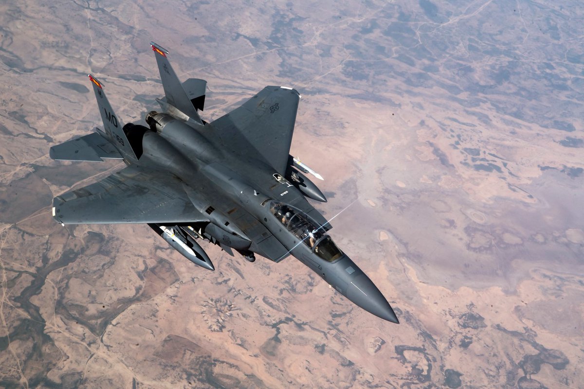 CENTCOM's tweet photo. FLY EAGLES FLY | F-15E Strike Eagles are a dual-role fighter designed to perform air-to-air and air-to-ground missions, demonstrating @USAFCENT's posture to compete, deter, and win against state and non-state actors. https://t.co/FeX610nZEv