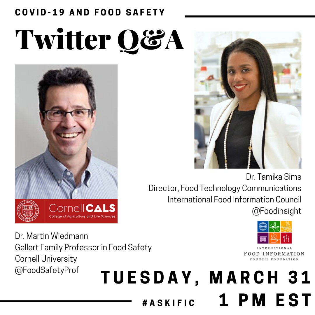 Hi everyone! Officially kicking off our Twitter Q&amp;A w Dr. Sims aka <a href="/FoodInsight/">IFIC</a> and Dr. Wiedmann aka <a href="/FoodSafetyProf/">Martin Wiedmann</a> from <a href="/CornellCALS/">Cornell CALS</a>. From 1pm- 2pm tweet us all of your #COVID19 and #food safety questions by using #AskIFIC