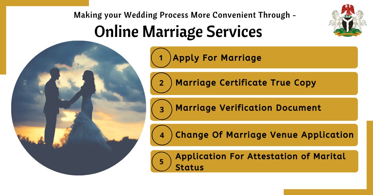 MEcitibiz's tweet photo. Do you wish to get married and settled in #Nigeria? 
If YES then, there is a process you need to follow for getting legally recognized as a Married Couple. 

Do have a look at the important #Marriage related Services that eCitibiz Online Portal Provide.
#MarriageService #eCitibiz https://t.co/3jpU6hXbkT