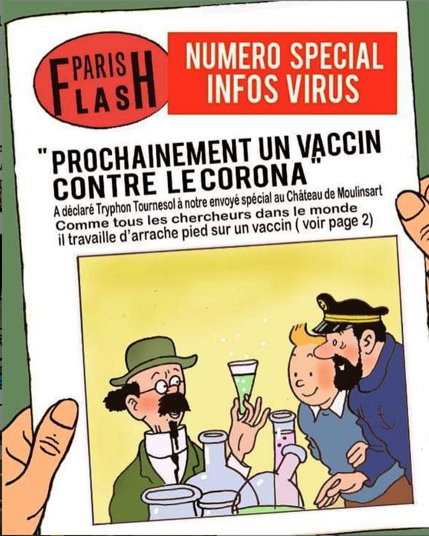 tintinshopbcn's tweet photo. Esta portada del Paris Flash nos llena de esperanza. Muy pronto se encontrará una vacuna y frenaremos el avance de este horror. ¡Ánimos!
#parisflash #tintin #coronavirus #StayHome https://t.co/eBpHnKTzAW