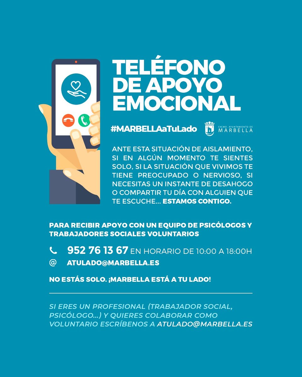 Ayto_Marbella's tweet photo. ☎️El @Ayto_Marbella habilita un nuevo servicio telefónico para dar apoyo emocional a los ciudadanos que lo necesiten con motivo de la crisis sanitaria del #COVID2019 #Marbella #MarbellaAtuLado #EsteVirusLosParamosUnidos 👉 https://t.co/0b5jz8X2R6 https://t.co/HUzLSfeMVL