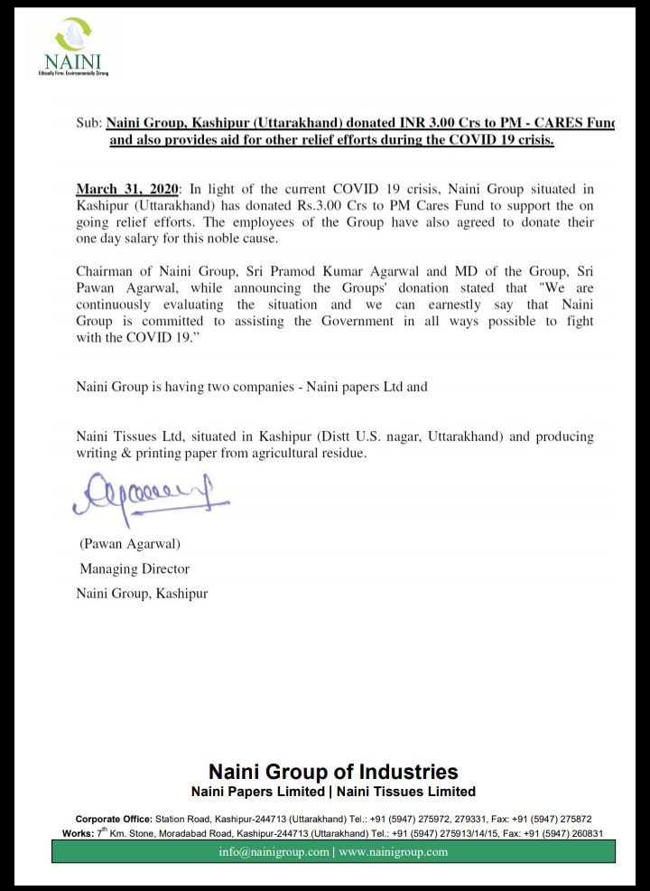 NainiGroup_Ksp's tweet photo. Glad to announce that Naini Group, Kashipur, Uttarakhand has contributed Rs.3 Crore to PM Cares Fund on 31.03.2020. Jai Hind. https://t.co/gUx5aJS3Iz