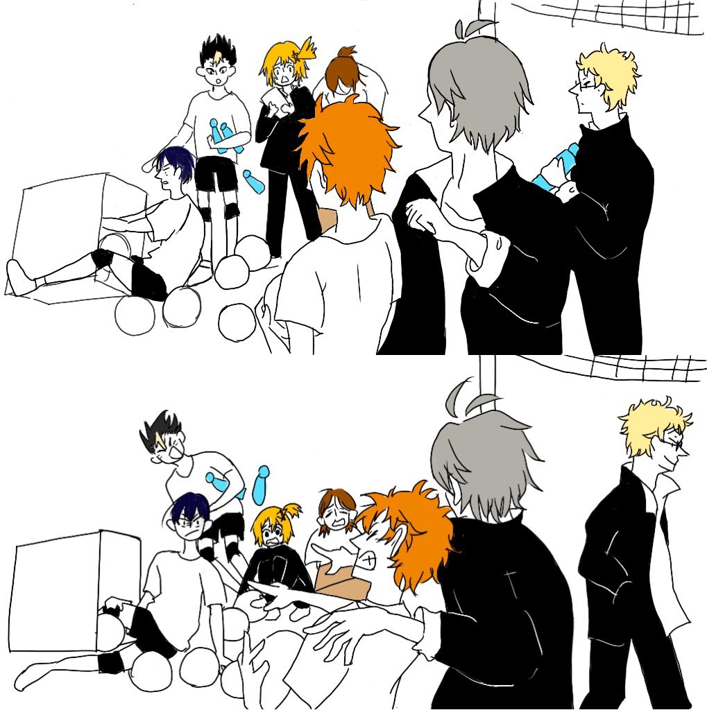 아사히는 상자에 발을 찧었다
카게야마는 바로 일어나서 뛰었다
히나타도 뛰었다
스가는 박수를 쳤다
야치가 공을 줍다가 걸려 넘어지고
감히 야치를 터치하지 못한 니시노야와

.....주장은 몹시 매우 화가 났다

“똥 싼 놈이 치워!!!!!!!!”