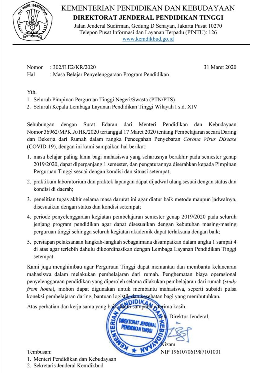 Itjen_Dikdasmen's tweet photo. #SahabatItjen, berikut beberapa pelaksanaan kebijakan di Perguruan Tinggi pada masa pandemik Covid-19 sesuai surat dari Ditjen Dikti nomor 302/E.E2/KR/2020 tanggal 31 Maret 2020. https://t.co/Ia9ujaJ5aU