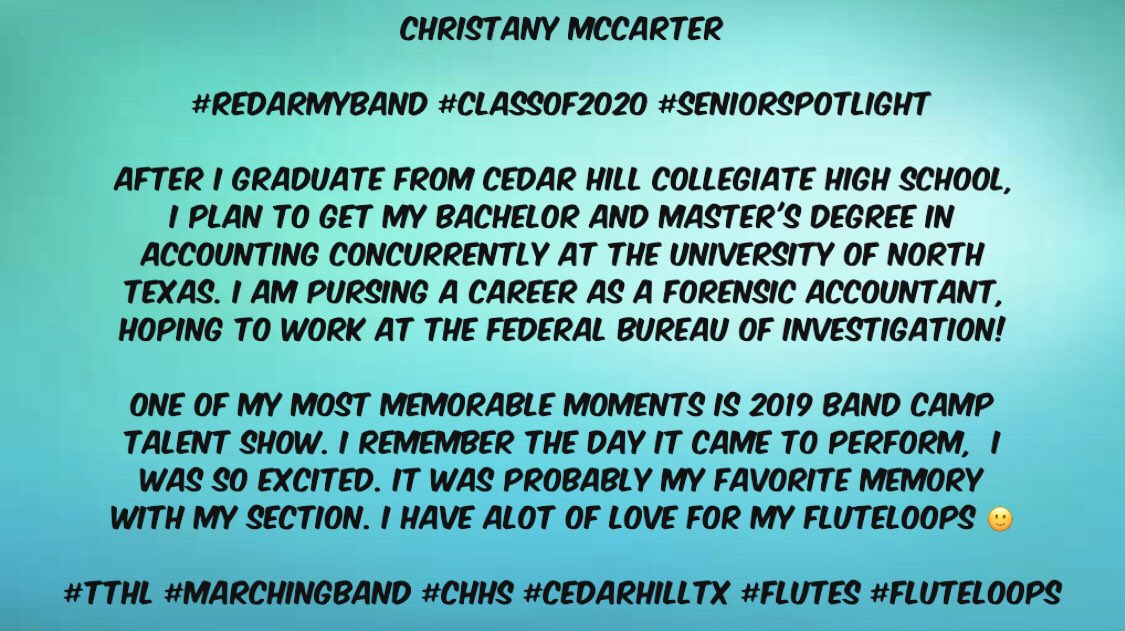 RedArmyBandCHHS's tweet photo. Christany McCarter

 #RedArmyBand #Classof2020 #SeniorSpotlight 

#TTHL #MarchingBand #CHHS #CHCHS #CedarHillTx #Flutes #Fluteloops https://t.co/8NZgPcK3Ez