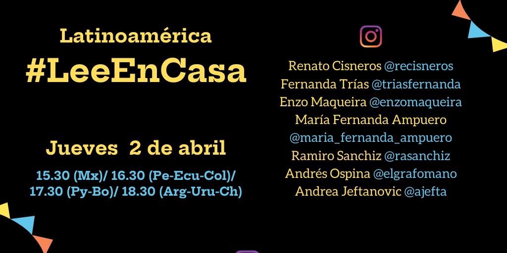 recisneros's tweet photo. Este jueves tendremos lectura de escritores latinoamericanos, en DIRECTO, vía Instagram. Gracias a @EnzoMaqueira por reclutarnos. 
#QuédateEnCasa #LeeEnCasa 
🇦🇷🇺🇾🇨🇴🇪🇨🇨🇱🇵🇪 📖📚💻📱🖥 https://t.co/ZB9mYmRJy0