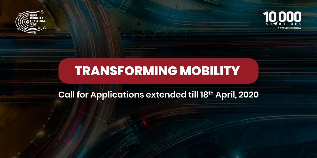 nasscomstartups's tweet photo. Extension Alert!!! We have extended the last date of applications for the #NIPPMobilityChallenge to 18th April, 2020. Apply soon &amp; let us transform mobility in the times to come. Register now - https://t.co/nYjQpFHBx9 https://t.co/omTebbXQM0