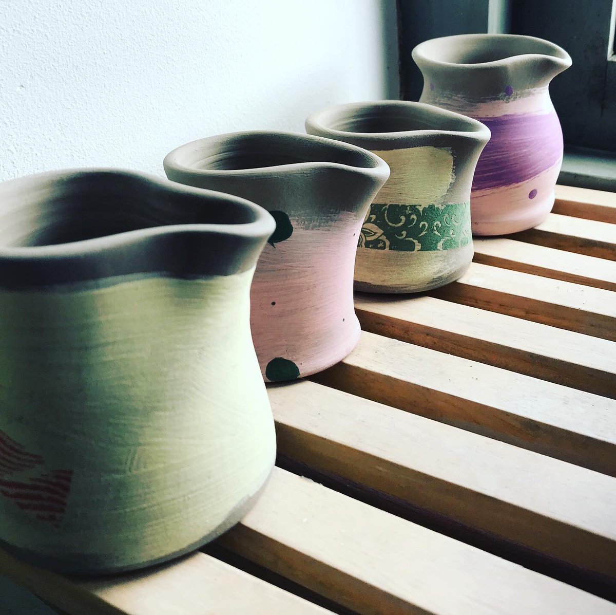 McPots18's tweet photo. Blissful hour of juglet turning, tidying and tartin’ #pourers #juglets #ceramicpourer #ceramiclove #claylove #claycreations #colourlove #colourclashlove #tbchshop #folksyshop https://t.co/kxWzxLnzLd