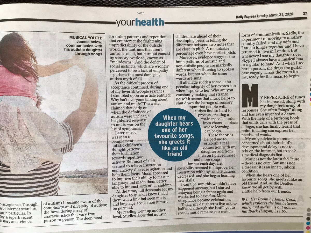 I'm in the papers today, talking about my new book 'In Her Room: How Music Helped Me Connect With My Autistic Daughter' - and raising awareness about the condition. #Autism #AutismAwarenessWeek