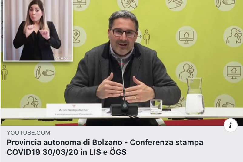 veasyt's tweet photo. Le conferenze stampa della @ProvinciaBz tradotte dallo Spinoff di @Cafoscari in lingua dei segni.
Una grande sfida di #accessibilità, in due lingue dei segni, #LIS e #ÖGS.
LINK: https://t.co/F1PyjXl9jf

@ArnoKompatscher @TgrAltoAdige @eurac @luca_ellebi #linguadeisegni #covid19 https://t.co/qsv44W4ReS