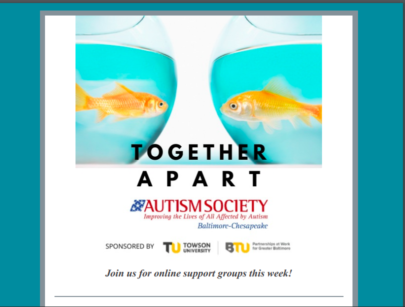 Please share with caregivers of children with ASD, autistic adults and teens on the spectrum--a week of online support and connection!  #StayConnected #TogetherApart  
<a href="/ASofBaltimore/">Autism Soc Baltimore</a> <a href="/TUSpecEd/">TowsonU-Special Education</a> <a href="/TUpartnerships/">TU Partnerships</a> <a href="/TowsonCOE/">Towson University College of Education</a> 
 baltimoreautismsociety.org/wp-content/upl…