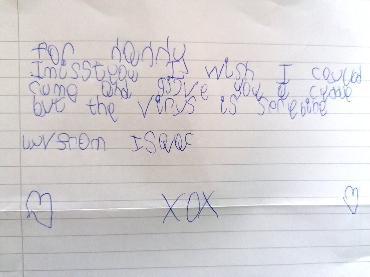 IteroAnge's tweet photo. Translation: For Nanny, I miss you. I wish I could come and give you a cuddle, but the virus is spreading. Love Isaac 😂 #hessoserious #grandson https://t.co/heImmPUoIo