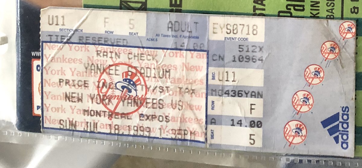 SchwartzSports's tweet photo. Until sports and other events resume, I’m going to post a ticket stub each day from a memorable event that I have attended. I was at David Cone @dcone36’s perfect game on Yogi Berra Day 7/18/99.  @Yankees 6 Expos 0.  I have all the momentos from that day together.  #Yankees https://t.co/y7Q6KPuBzT