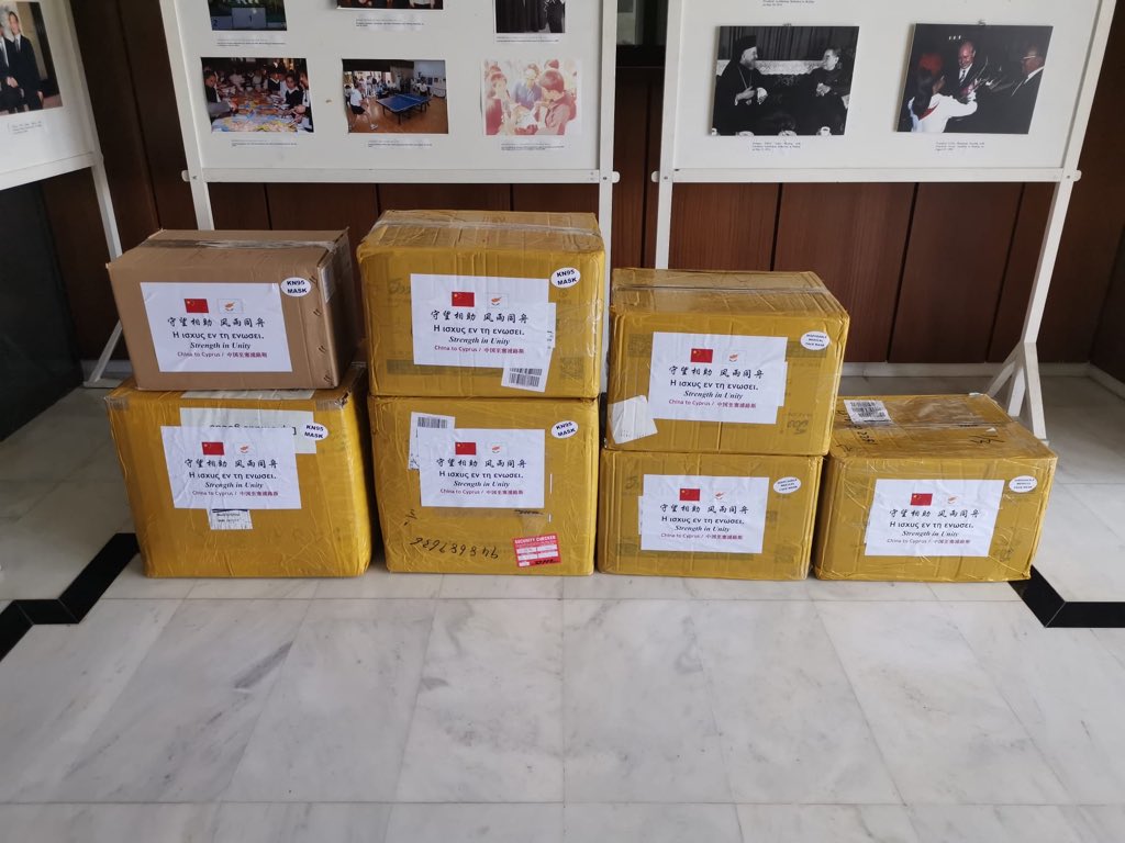 AmbassadorHuang's tweet photo. Happy to announce that the 1st batch of #China-donated med supplies has reached #Cyprus, including 5000 KN95 masks, 5000 surgical masks and 1320 protective uniforms. The 2nd batch is ready in China for pick-up by Cypriot chartered flight. Hope our supplies will help Cyprus out! https://t.co/BbAQQXo37v