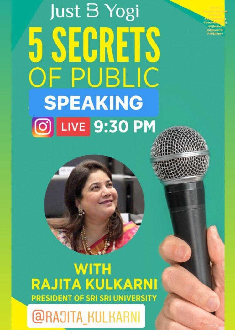 BYOGI (@byogi_official) on Twitter photo Our first guest is the President of <a href="/SriSriU/">Sri Sri University</a>, Mrs. <a href="/RajitaBagga/">Rajita Bagga</a> . She is a humanitarian, a public speaker, an educationist, a writer, a global leader and a leadership coach.
Watch her on Insta as she unveils the 5 Secrets of #publicspeaking!
instagram.com/tv/B97KO4tposd…
#JustByogi Our first guest is the President of <a href="/SriSriU/">Sri Sri University</a>, Mrs. <a href="/RajitaBagga/">Rajita Bagga</a> . She is a humanitarian, a public speaker, an educationist, a writer, a global leader and a leadership coach.
Watch her on Insta as she unveils the 5 Secrets of #publicspeaking!
instagram.com/tv/B97KO4tposd…
#JustByogi