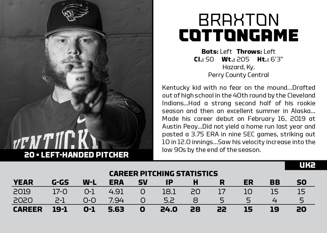 UKBaseball's tweet photo. Wildcats Trading Cards: So. LHP Braxton Cottongame 

#WeAreUK | @BCottongame https://t.co/7fKobw8EGD