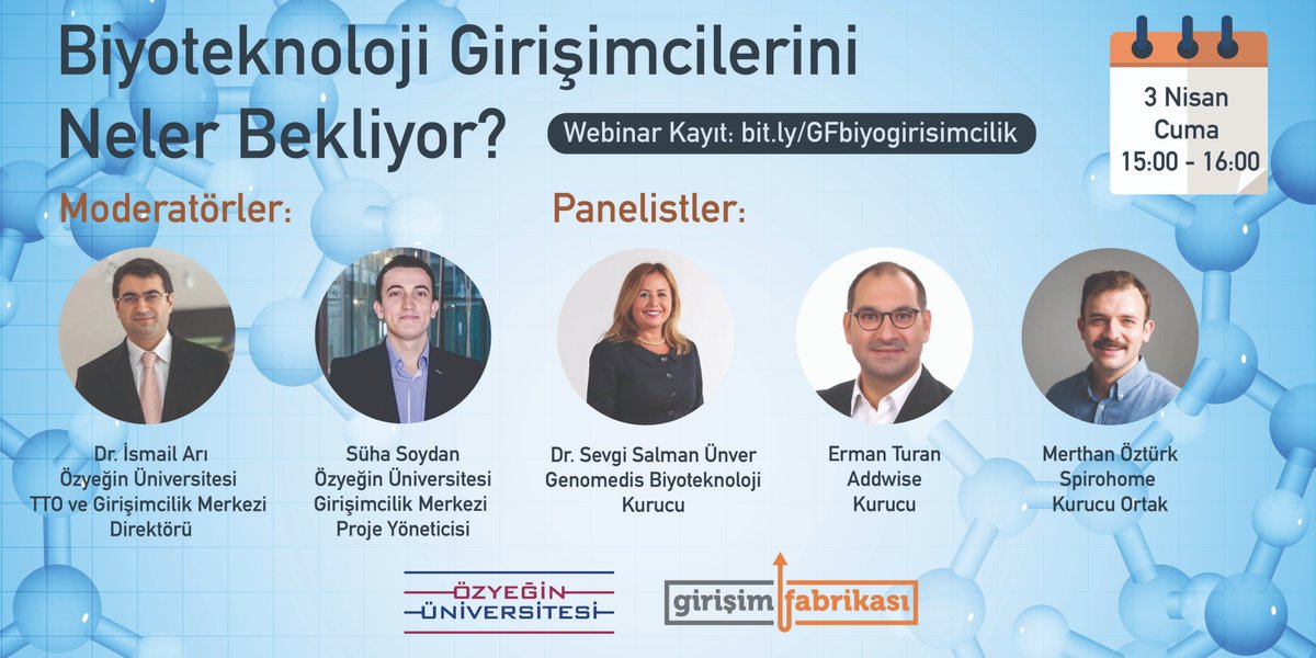Biyoteknoloji alanında çözümler geliştirmeyi hedefleyen girişimcileri neler bekliyor? 3 Nisan,Cuma günü saat 15:00'te <a href="/DrIsmailAri/">Aerobrone</a>,  <a href="/unversevgi/">Dr. Sevgi Salman Ünver</a> , <a href="/ermanturan/">Erman Turan</a> ve <a href="/MerthanOzturk/">Merthan Öztürk</a> 'un katılım göstereceği canlı yayına bit.ly/GFbiyogirisimc… adresinden kayıt olabilirsiniz! #covid19