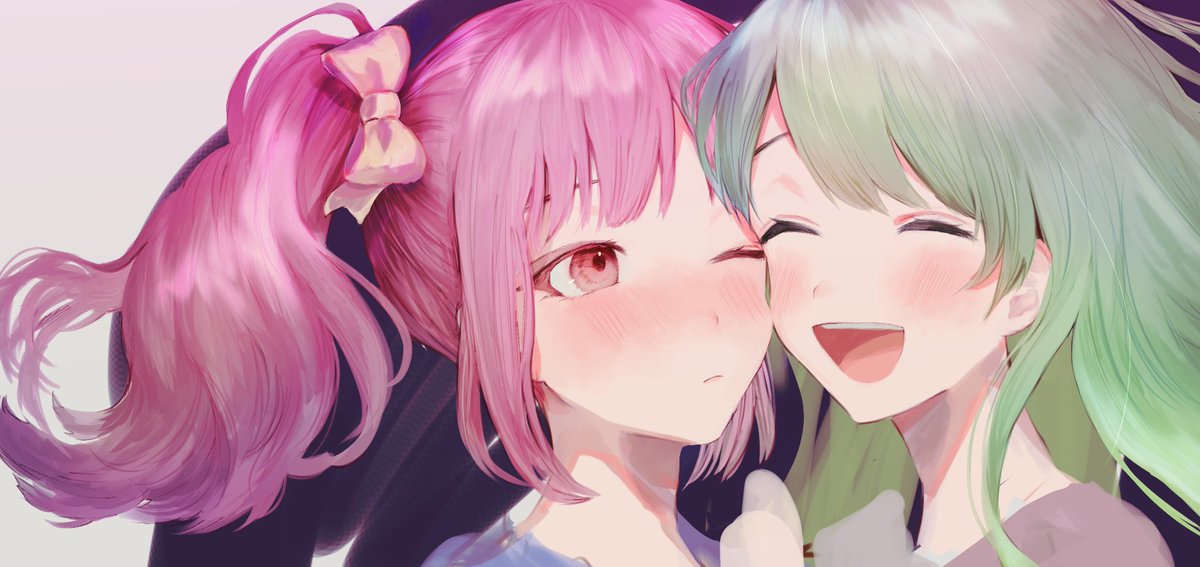 multiple girls 2girls pink hair green hair blush closed eyes twintails  illustration images