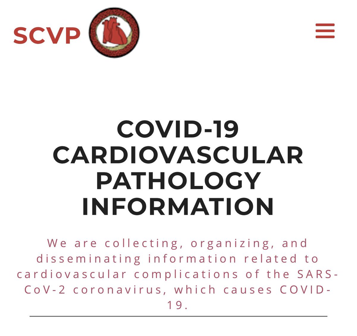 SCVP1's tweet photo. We are collecting, organizing, &amp; disseminating info about CV complications of SARS-CoV-2/COVID-19.

Have you performed autopsies on these patients? Are you looking for collaborations for your findings? Need help publishing?

Visit us here: https://t.co/8cnq4piUzO

#InThisTogether https://t.co/5HqNnIIZ5v