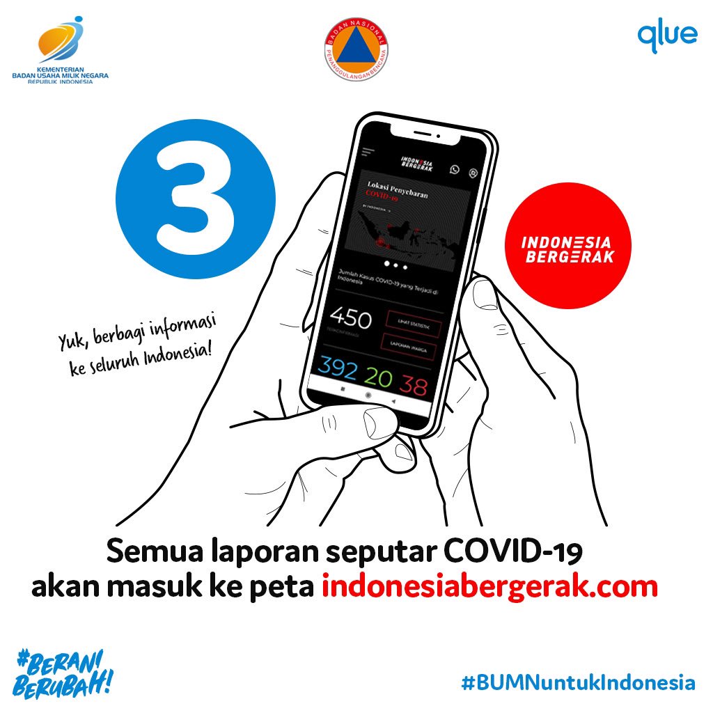 Ayo kita bergerak bersama. Tiga langkah mudah untuk membantu Indonesia melawan Covid-19. <a href="/qluesmartcity/">Qlue</a>