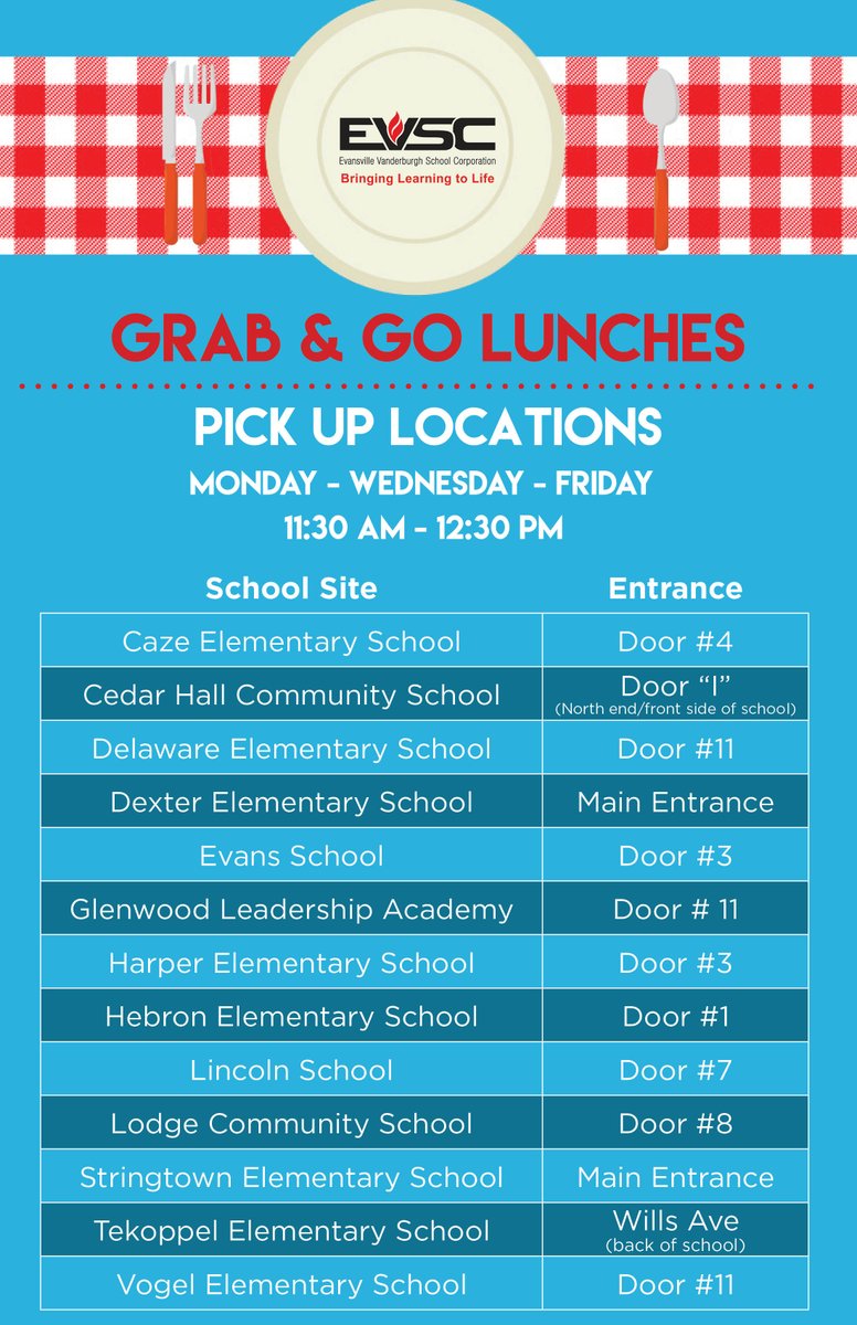 EVSC1's tweet photo. IMPORTANT CHANGE to Grab &amp; Go meal program...the USDA has eliminated the requirement for children to be present. We can now issue meals to adults for their child or children without having to bring them to the pick-up site. One meal per child, please. Next Grab &amp; Go is tomorrow. https://t.co/6AXW81P1Wn