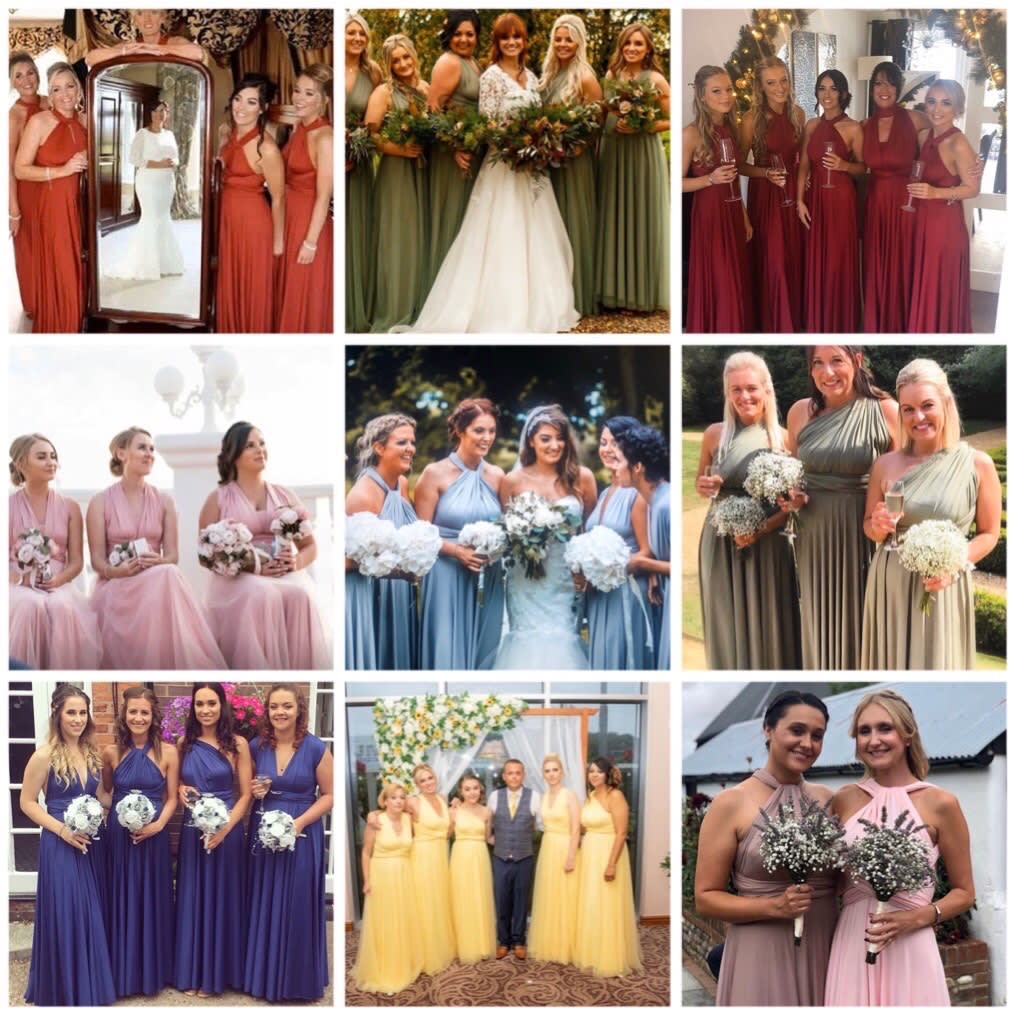 Our multi-way bridesmaids dresses come in over 60 shades and one size fits 6-24 
Message to book your fitting appointment for when we open up again, we will be busy busy 07366981569