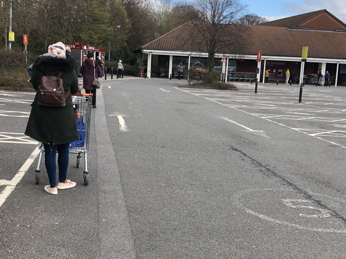 It’s not the queuing around the car park at the supermarket that’s unsettling, it’s the silence. It’s like we’re waiting to pay our respects, rather than waiting to file past the broccoli. Good to see the rules observed though #SocialDistancing