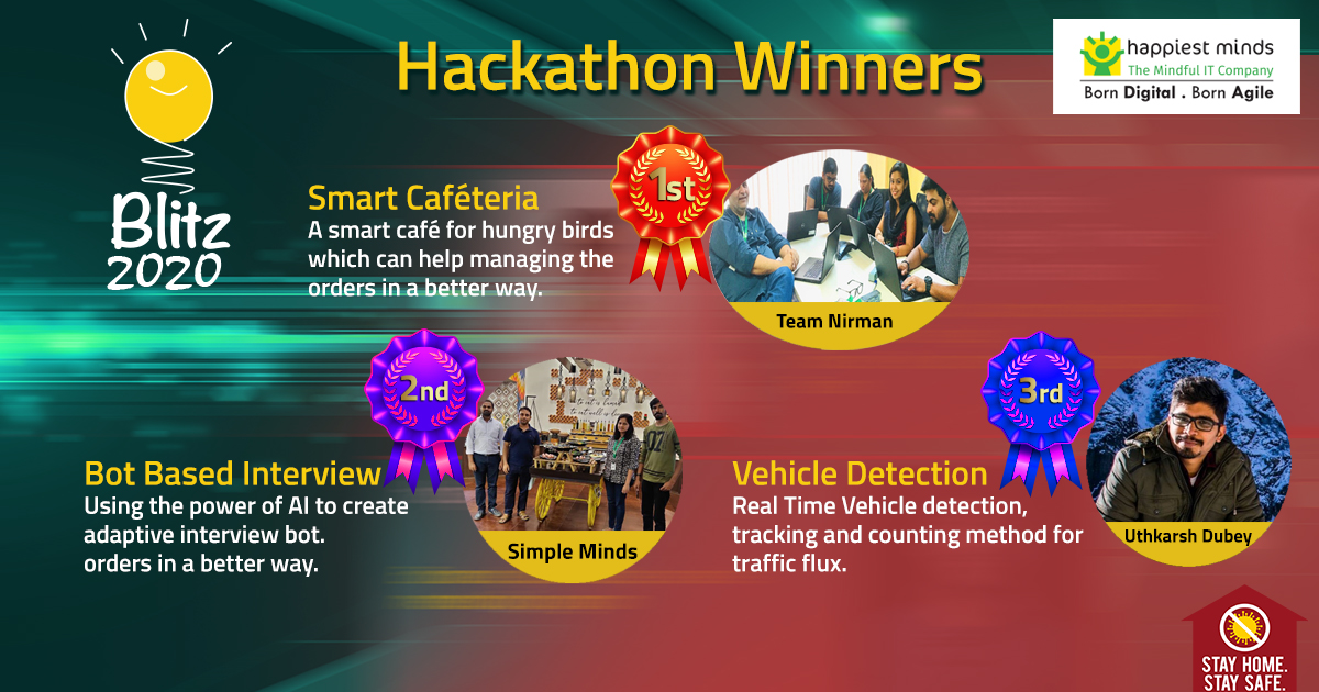 HappiestMinds's tweet photo. Hackathon Winners #Blitz2020
Winners – Team Nirman - Deepak Dubey, Tushar Motwani, Meghna Khound, Bhavani Krishnan and Swarup Mishra
1st Runner up - Simple Minds - Vivek Ananthan, Haribhaskar D, Soumadiptya Chakraborthy and Shirin Kariyappa
2nd Runner up - Uthkarsh Dubey https://t.co/A8SW35G1x8