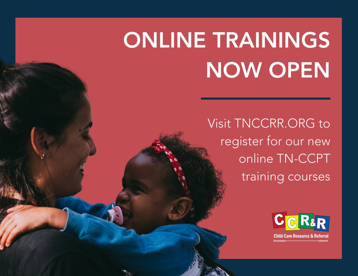 TN_CCRR's tweet photo. Our online TN-CCPT trainings for April are now open!

To register, visit https://t.co/N4fc8xGBlR and click the REGISTER HERE button on the home page. Registration will no longer take place on your regional calendar, as the online courses can be accessed state-wide.
#TNCCRR https://t.co/jWkipeTK3R