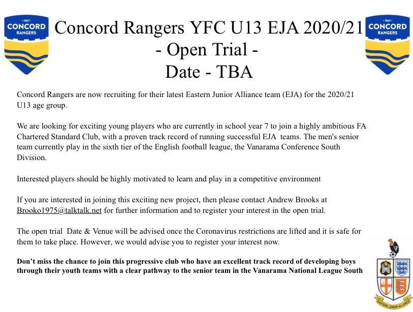 <a href="/ConcordRangers/">Concord Rangers FC</a> <a href="/ConcordRangersY/">Concord Rangers Youth FC</a> @andrewbrooks101 are pleased announce our u13 EJA 2020/21 team are now recruiting please see the following information