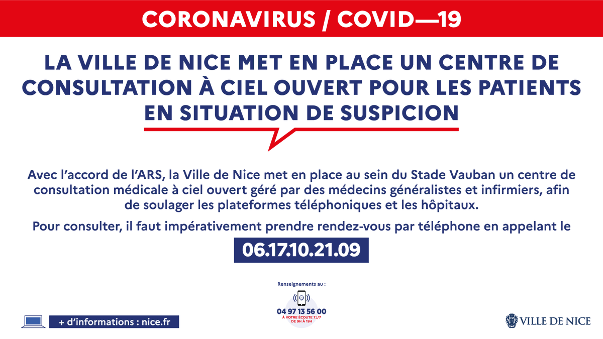VilledeNice's tweet photo. À partir du mercredi 1er avril, la Ville de #Nice06 met en place un centre de consultation #Covid19 à ciel ouvert pour les patients présentant des symptômes suspects.

📞 Ce centre de consultation fonctionnera uniquement sur rendez-vous en appelant le 06 17 10 21 09 https://t.co/dHdKDEbCfC