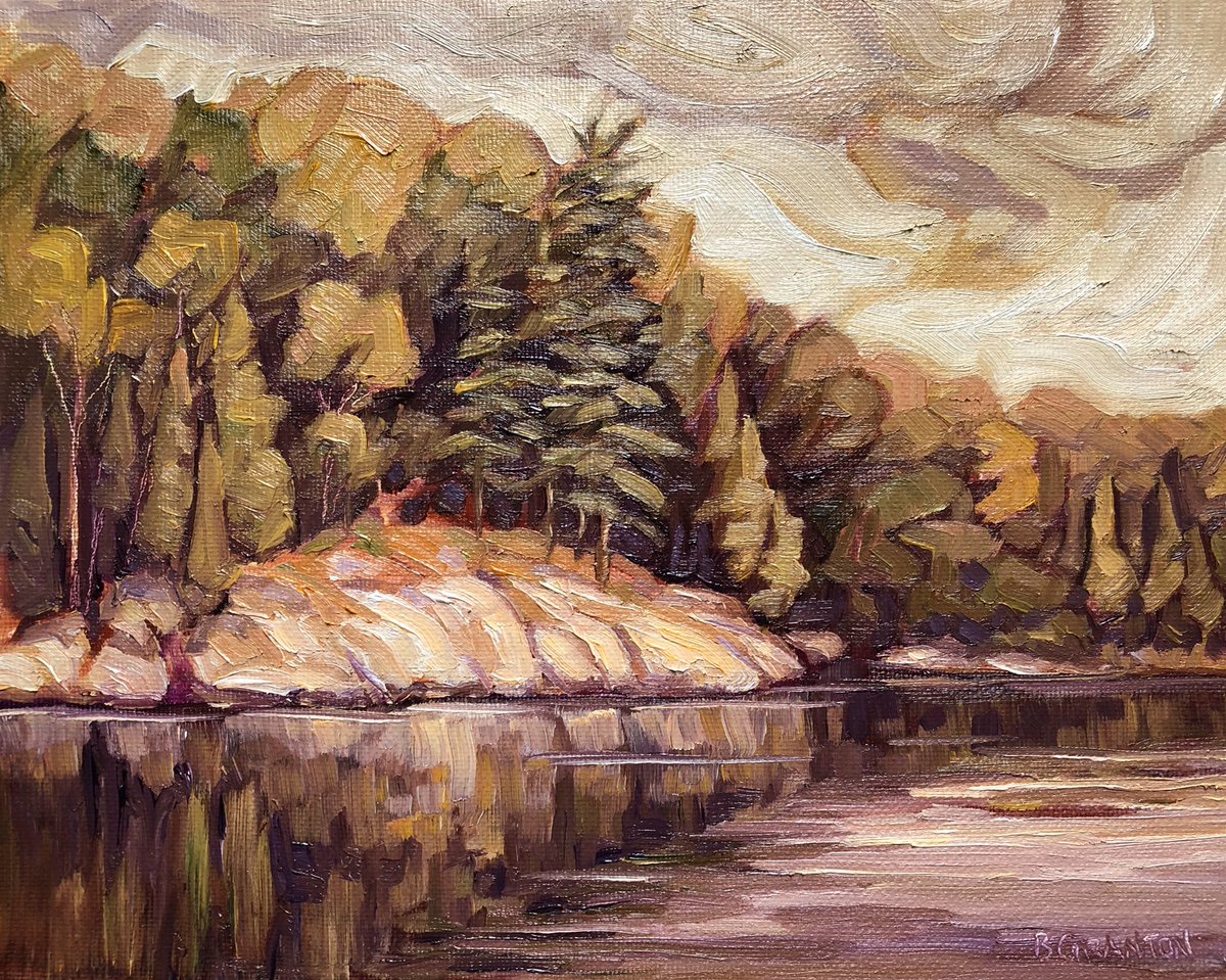 Exploring some different limited colour palettes... 
A view from a canoe trip in #Algonquin. Likely Ragged Lake or one of the Porcupine Lakes. 
Rocky Shore 
8/10” oil