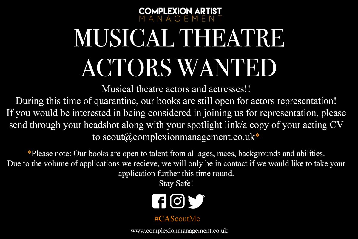 CAManagements's tweet photo. ACTORS AND ACTRESSES!!
During this time of quarantine, our books are still open for actors representation!!
If you would be interested in being considered joining us for representation, please follow the info in the posts! Stay Safe! #CAActors #CAManagement #ActorsInQuarantine https://t.co/n2npT0stIc