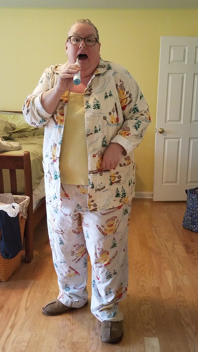 MrshenryC's tweet photo. Caught brushing my teeth on PJ day on my way to my new "office".  Comfy way to learn.  Going to do some science wirh 2nd grade!!  Watch for me... I'm popping up in Google Classrooms where I've been invited!  @CardinalRidgeES https://t.co/WJm9A6JkZ6