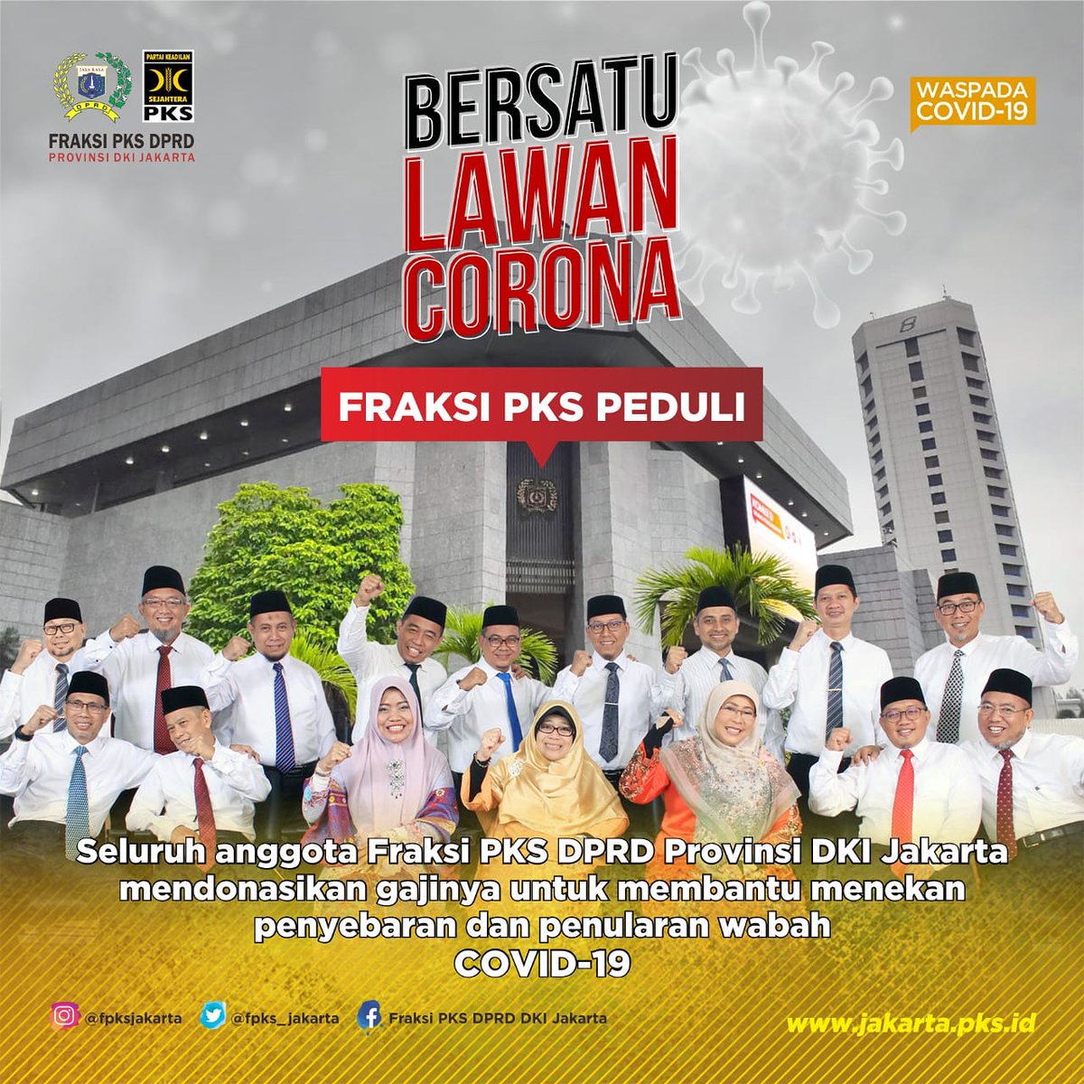 PKSDKIJakarta's tweet photo. Bersatu Lawan Corona

Fraksi PKS Peduli
Seluruh anggota Fraksi PKS DPRD Provinsi DKI Jakarta mendonasikan gajinya untuk membantu menekan penyebaran dan penularan wabah Covid-19. https://t.co/Cw5gPfRIKe