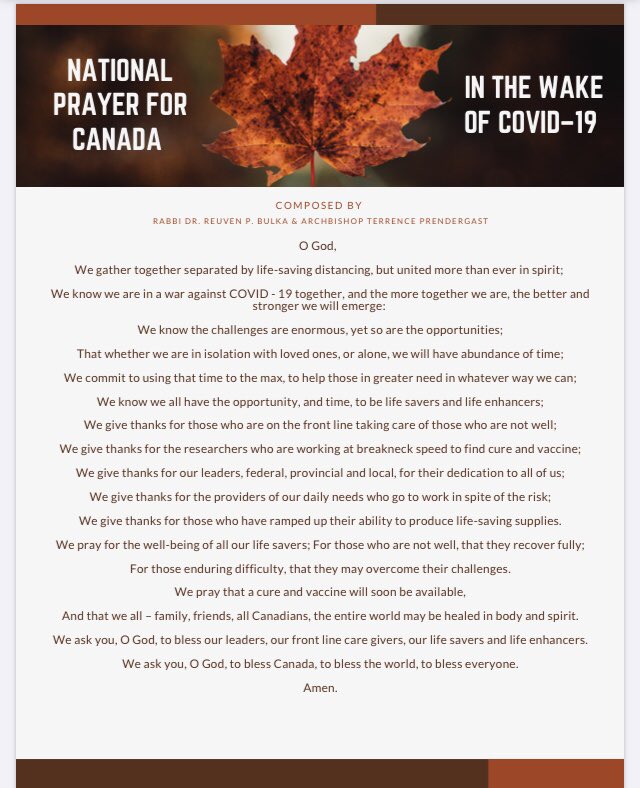 JimWatsonOttawa's tweet photo. Rabbi Bulka and Archbishop Prendergast are inviting all canadians to unite in prayer at 3:00pm EST today. 

My thanks to these two leaders who always know what to say during difficult times. 

Voir la prière dans les deux langues officielles ci-dessous: https://t.co/Sda5aO0nfM