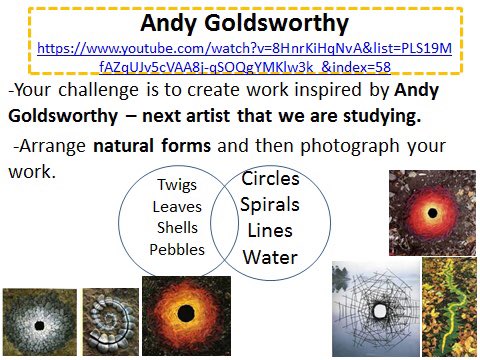 Tuesdays <a href="/Forriesart/">Forrester High School Art Dept.</a> art challenge

LAND ART 

using natural objects in your garden or your daily walk create a sculpture inspired by the work of Andy Goldsworthy.

Arrange, stack, cut, layer, balance THEN 

Photograph and share! 

GOOD LUCK!
#forresterhs