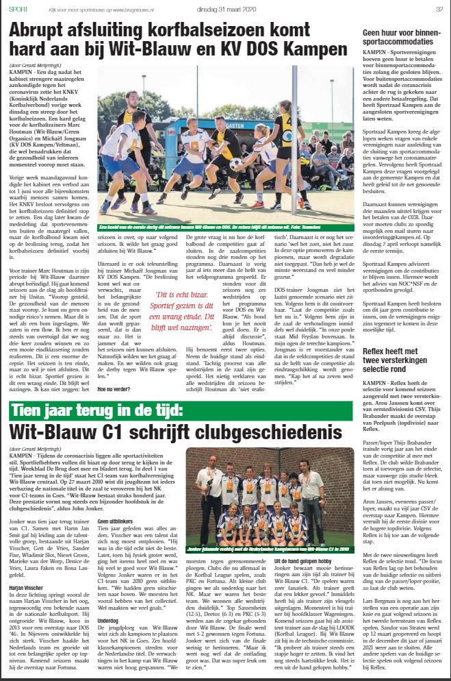 WitBlauw's tweet photo. De krant @Brugnieuws valt vandaag op de mat of lees hem digitaal, vandaag een hele pagina over korfbal! #korfbalKampen #korfbal #nieuws #StayAtHome #kampen https://t.co/OsVFWvZ3hH