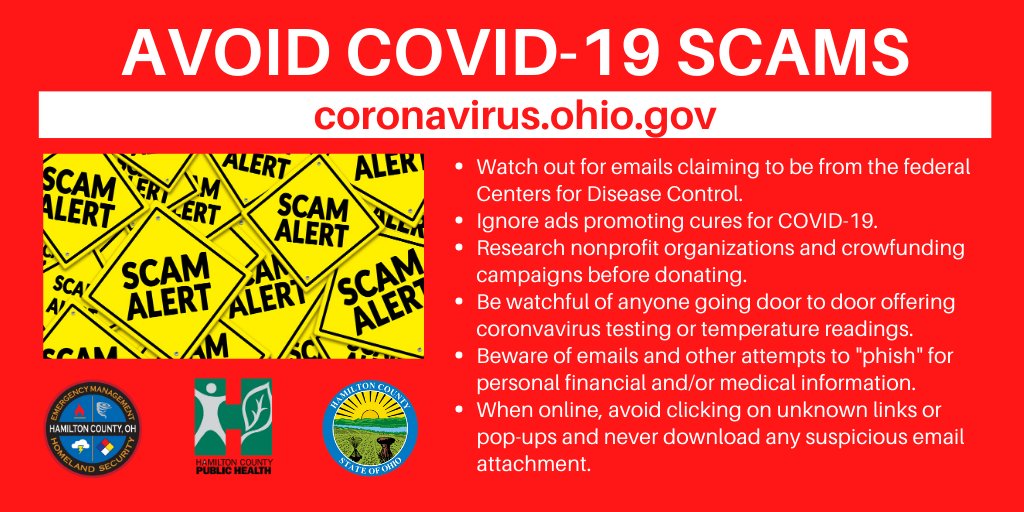 HCEMA's tweet photo. FYI: Be alert & aware of #COVID19 scams. If you receive a phone call claiming to be from Ohio Emergency Management Agency asking for personal info, like a Social Security Number, HANG UP the phone- this is a SCAM. #PrepareNotPanic @Ohio_EMA https://t.co/mlzMEBpVc1